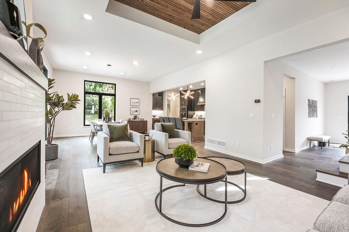 Dining room, Fireplace, Interior, Kitchen, Living room, Pendant Lights, Recessed Lighting, Wooden Ceilings, Wood Texture Flooring