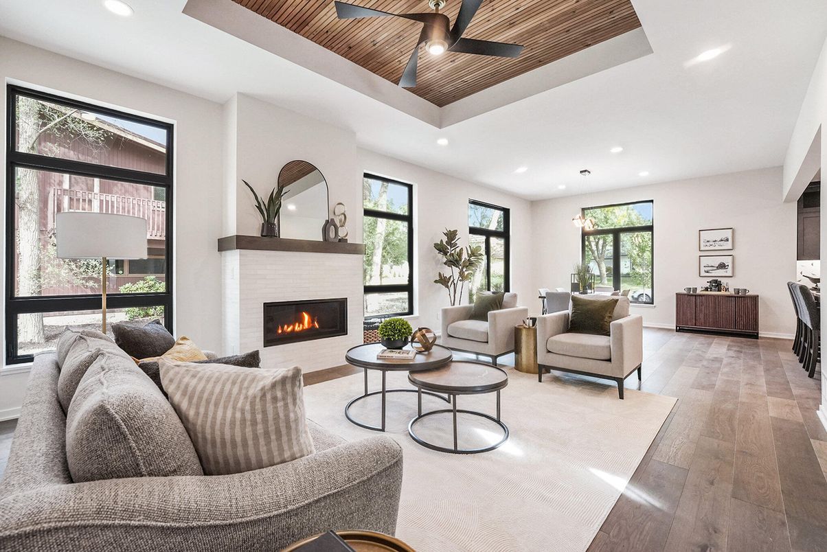 Fireplace, Interior, Living room, Recessed Lighting, Wooden Ceilings, Wood Texture Flooring