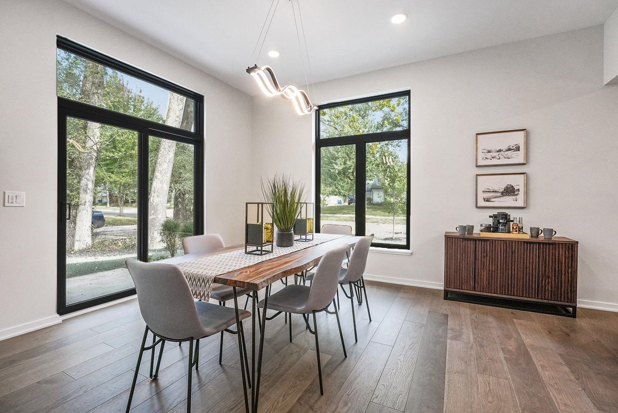 Dining room, Interior, Pendant Lights, Recessed Lighting, Wood Texture Flooring