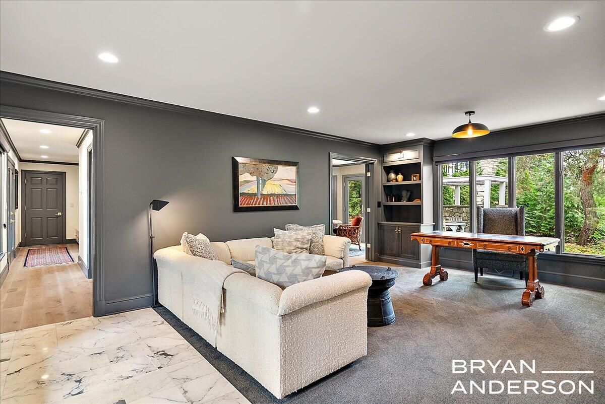 Home Office, Interior, Living room, Marble, Recessed Lighting, Wood Texture Flooring