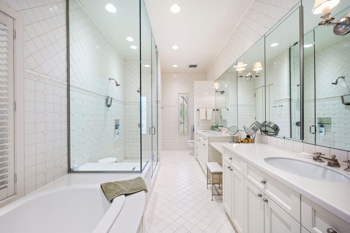 Bathroom, Dual Sink Vanities, Glass Shower, Interior, Recessed Lighting