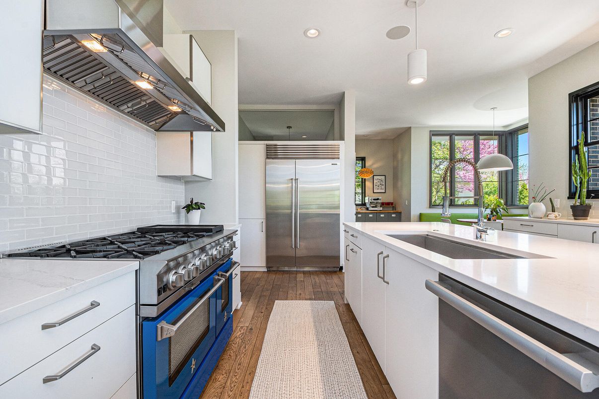 Interior, Kitchen, Pendant Lights, Recessed Lighting, Stainless Steel Appliances, Wood Texture Flooring