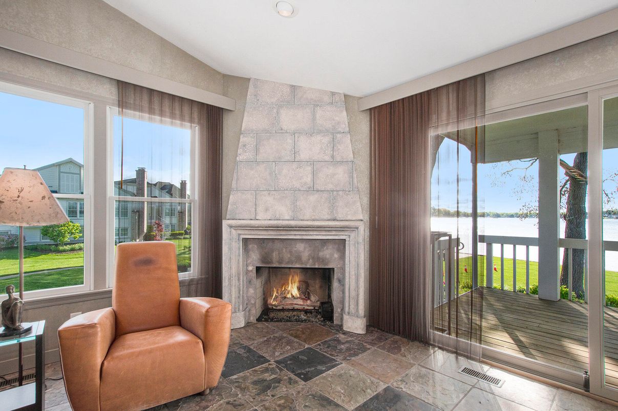Fireplace, Interior, Recessed Lighting, Stone Walls, Water