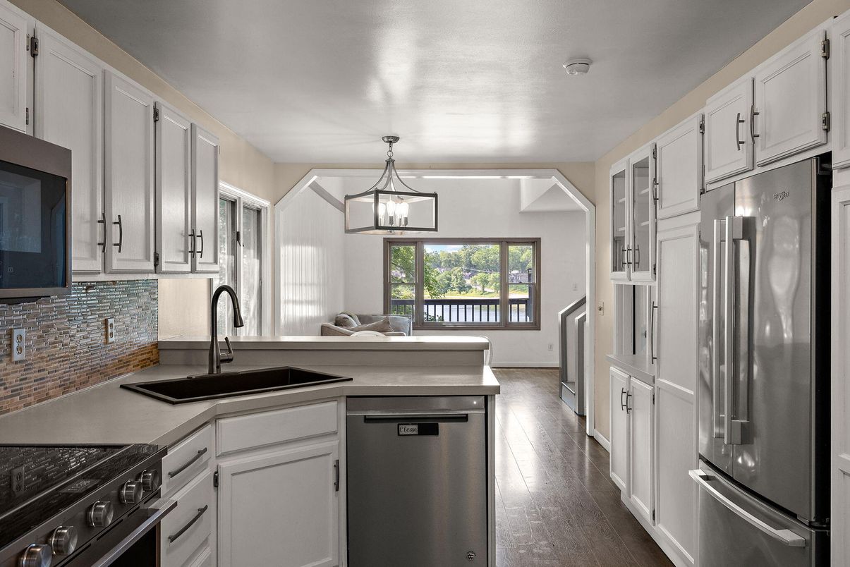 Interior, Kitchen, Pendant Lights, Stainless Steel Appliances, Wood Texture Flooring