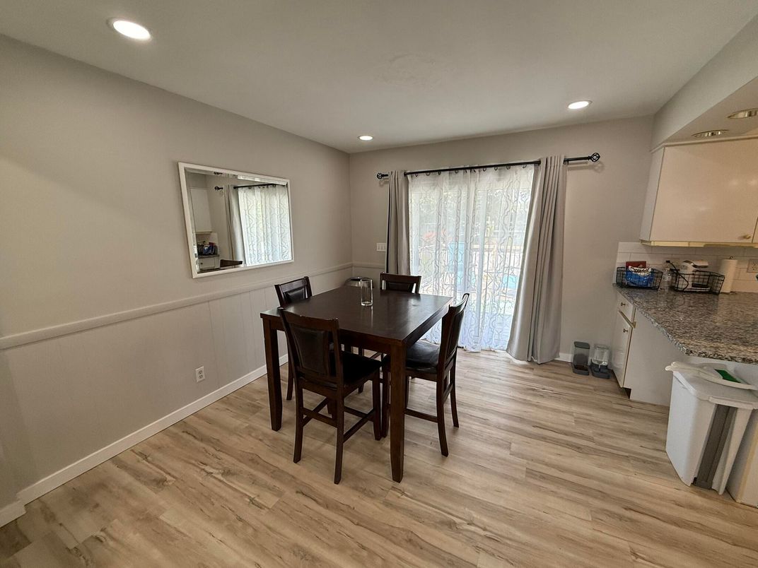 Dining room, Interior, Recessed Lighting, Wood Texture Flooring