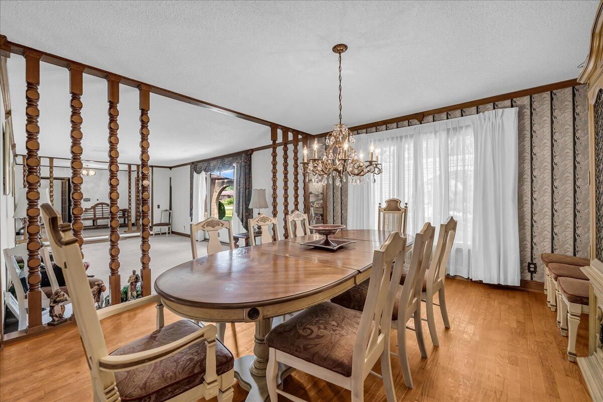 Chandelier, Dining room, Interior, Wood Texture Flooring