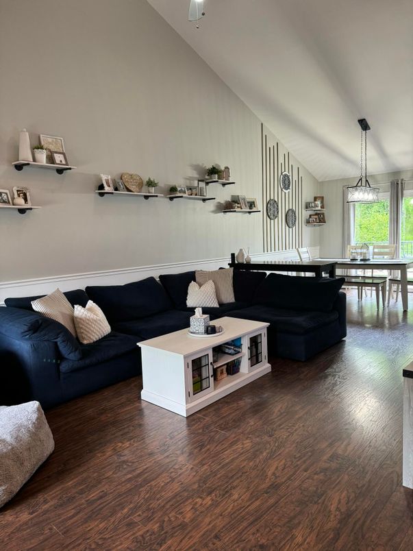 Dining room, Interior, Living room, Pendant Lights, Wood Texture Flooring