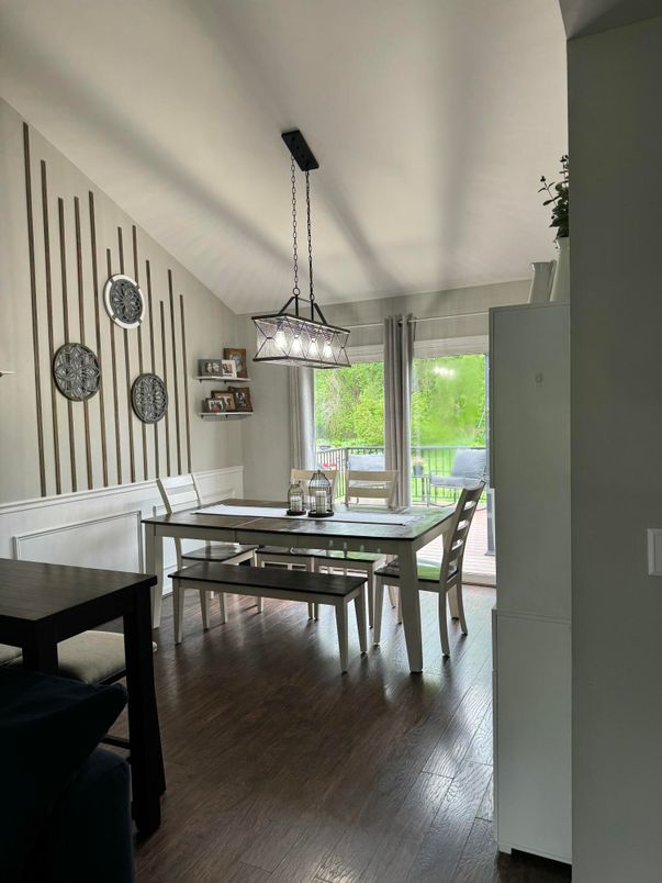 Dining room, Interior, Pendant Lights, Wood Texture Flooring