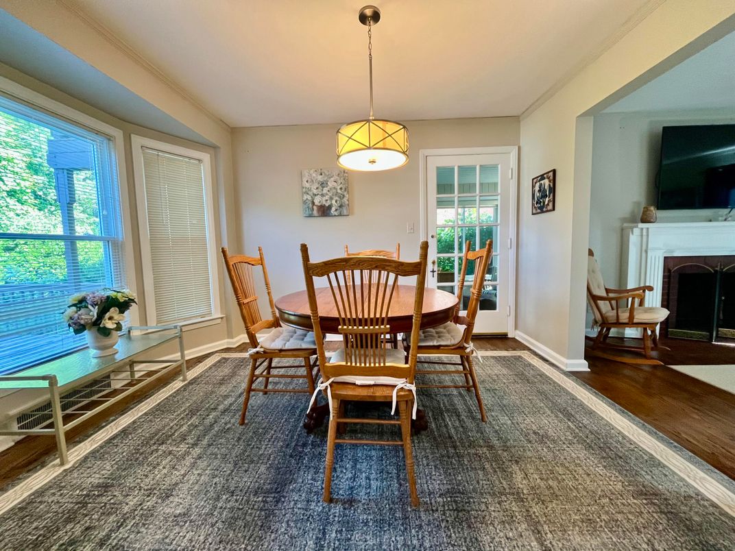 Dining room, Fireplace, Interior, Pendant Lights