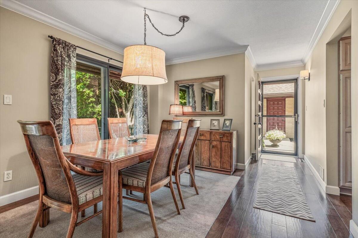 Dining room, Interior, Pendant Lights, Wood Texture Flooring