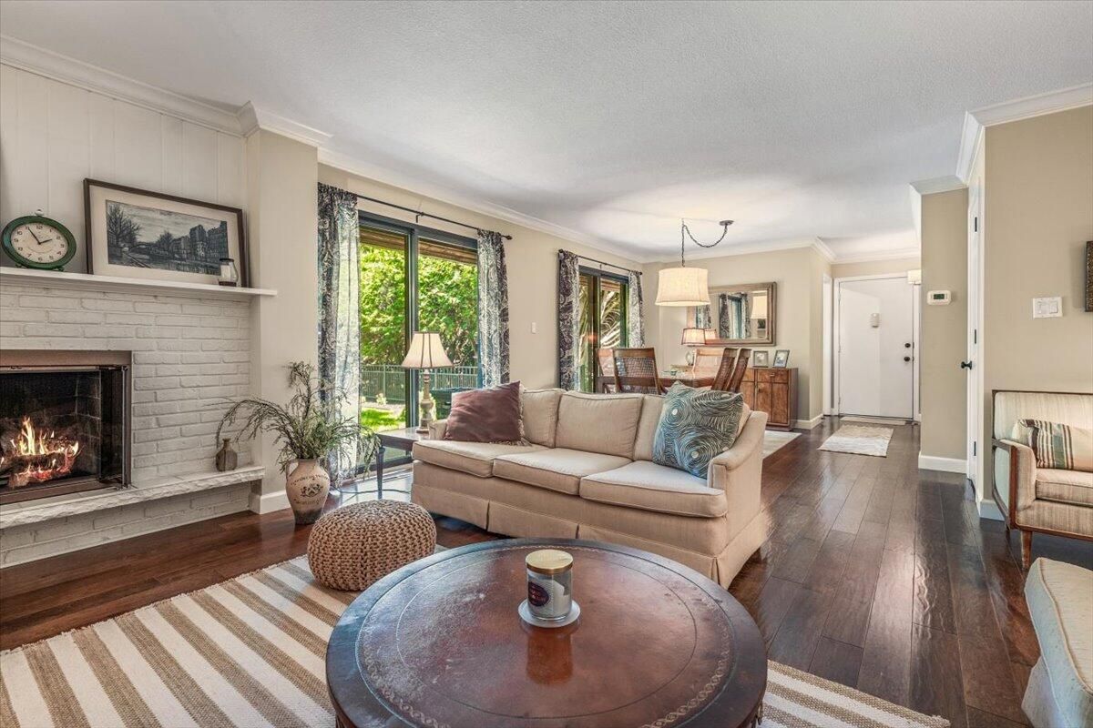 Dining room, Fireplace, Interior, Living room, Pendant Lights, Wood Texture Flooring