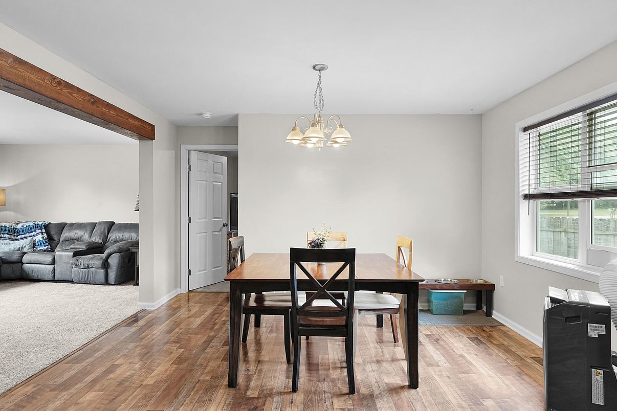 Dining room, Interior, Pendant Lights, Wooden Beams, Wood Texture Flooring