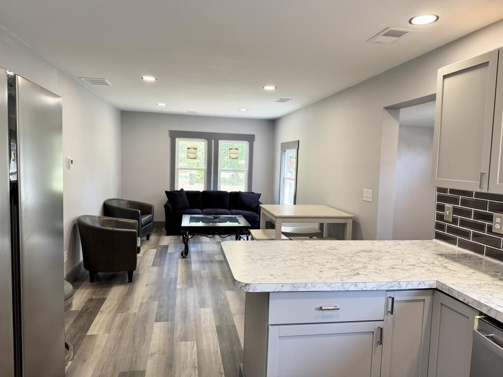 Interior, Kitchen, Living room, Recessed Lighting, Wood Texture Flooring