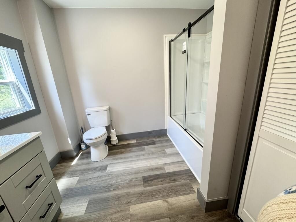 Bathroom, Glass Shower, Interior, Wood Texture Flooring