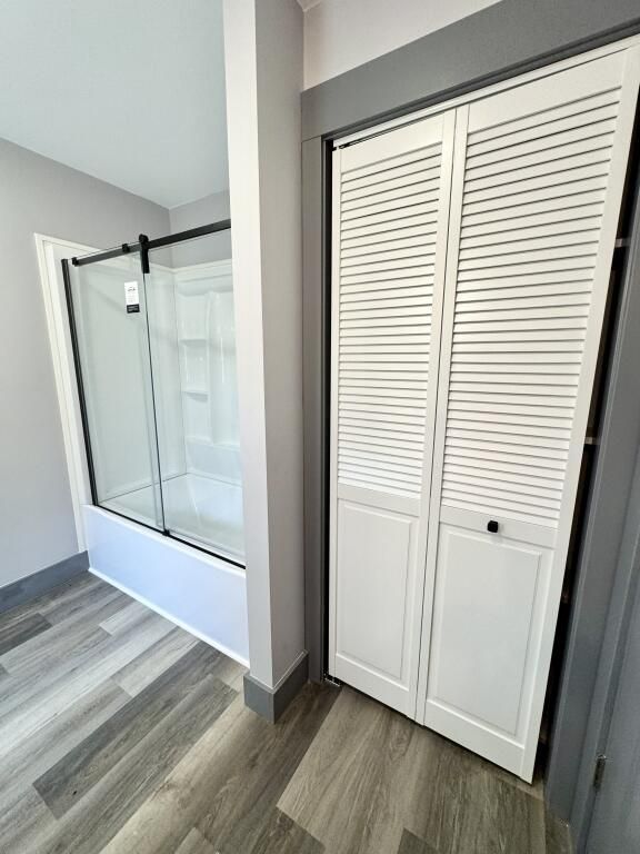 Bathroom, Glass Shower, Interior, Wood Texture Flooring