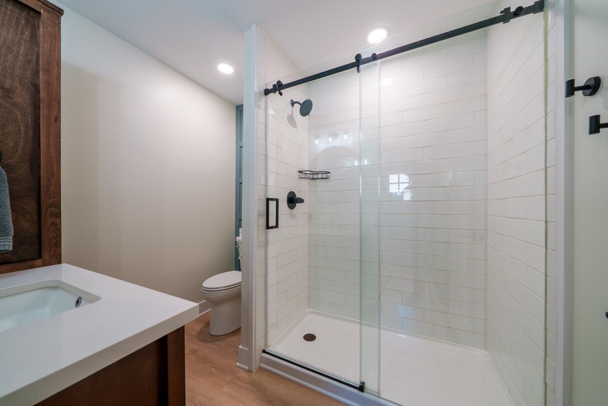 Bathroom, Glass Shower, Interior, Recessed Lighting, Wood Texture Flooring