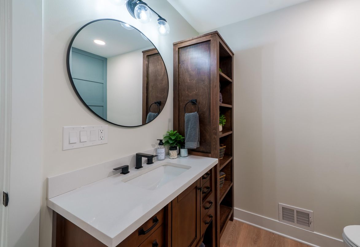 Bathroom, Dual Sink Vanities, Interior, Recessed Lighting, Wood Texture Flooring