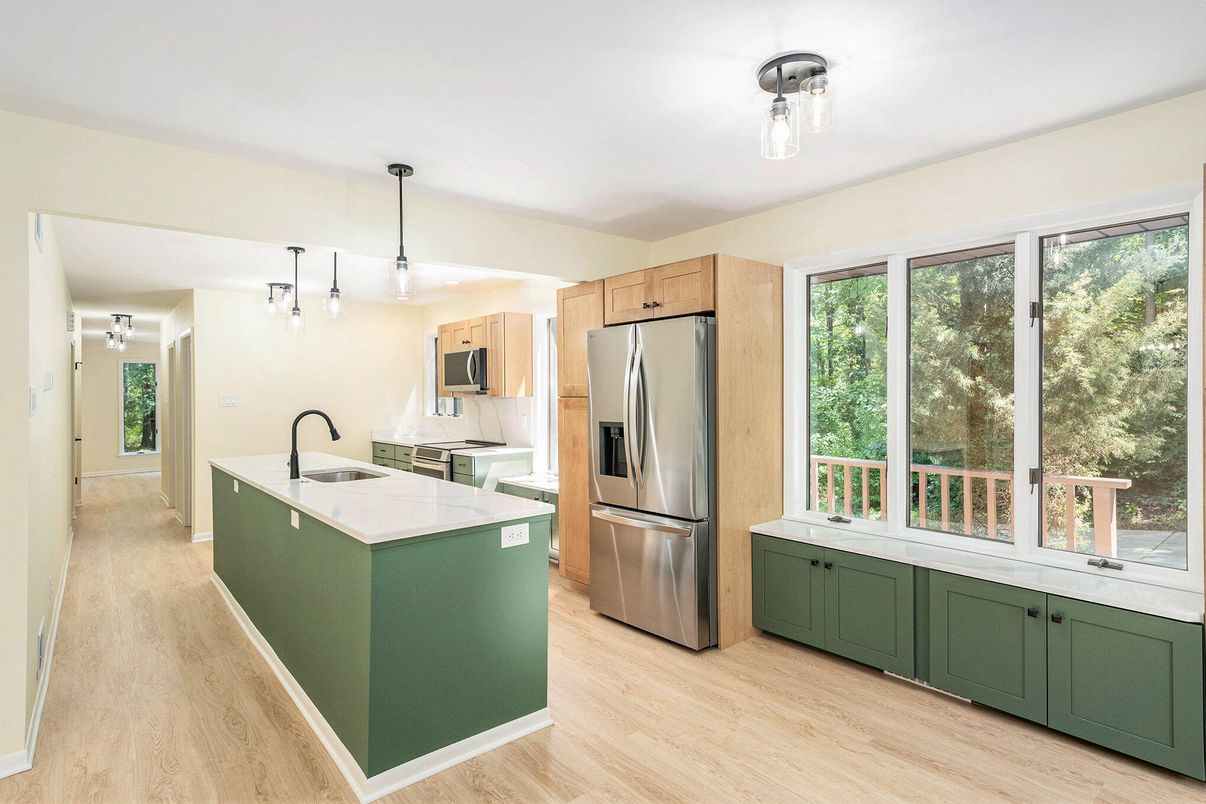 Interior, Kitchen, Pendant Lights, Stainless Steel Appliances, Wood Texture Flooring