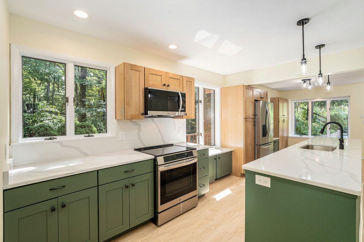 Interior, Kitchen, Pendant Lights, Recessed Lighting, Stainless Steel Appliances, Wood Texture Flooring