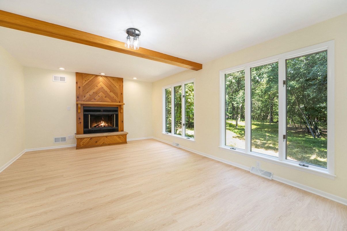 Empty room, Fireplace, Interior, Recessed Lighting, Wooden Beams, Wood Texture Flooring