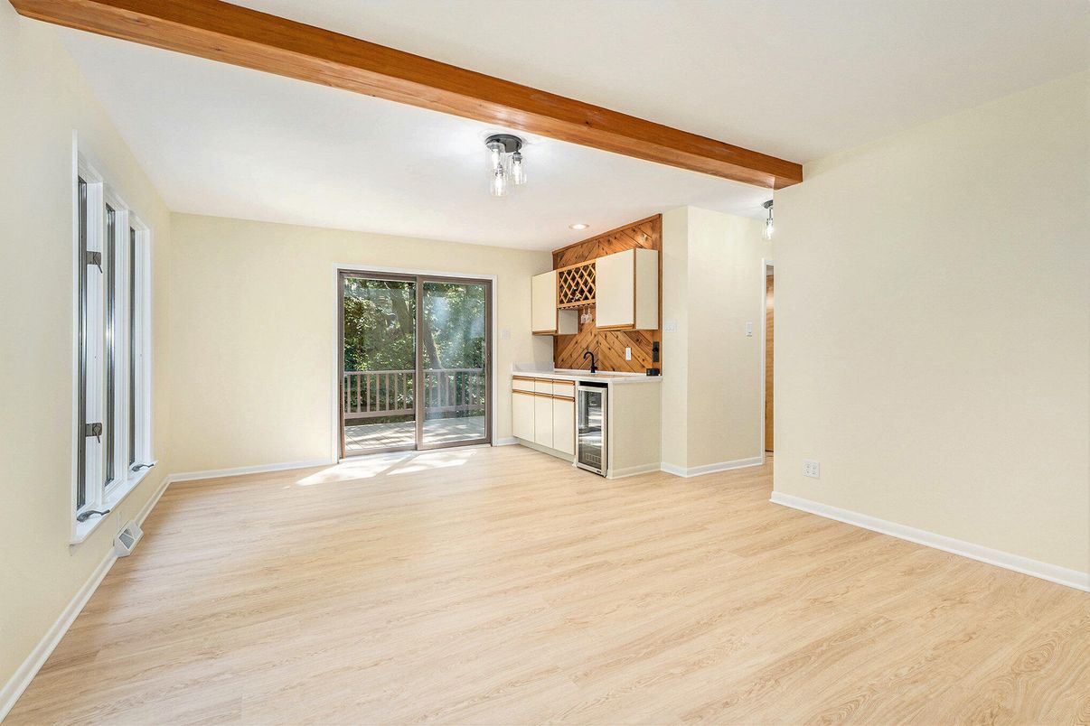 Empty room, Interior, Kitchen, Recessed Lighting, Wooden Beams, Wood Texture Flooring