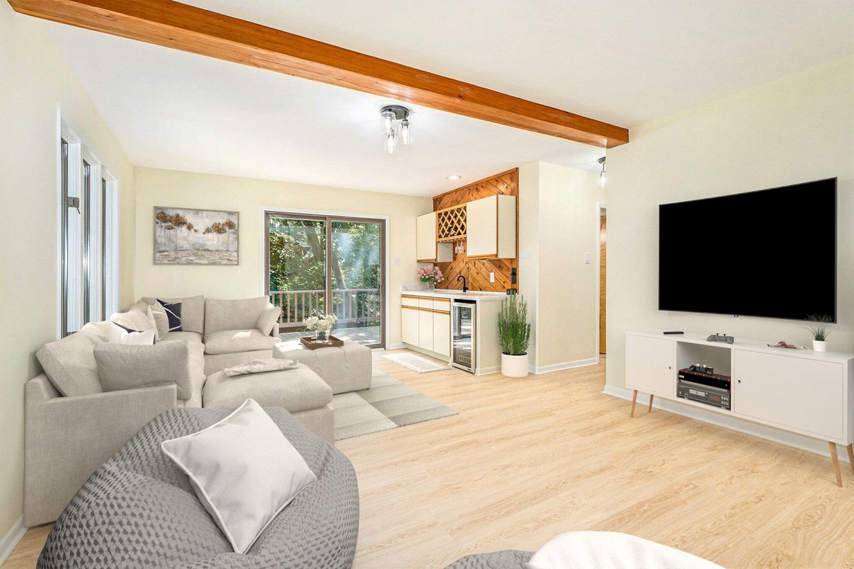 Interior, Kitchen, Living room, Recessed Lighting, Wooden Beams, Wood Texture Flooring