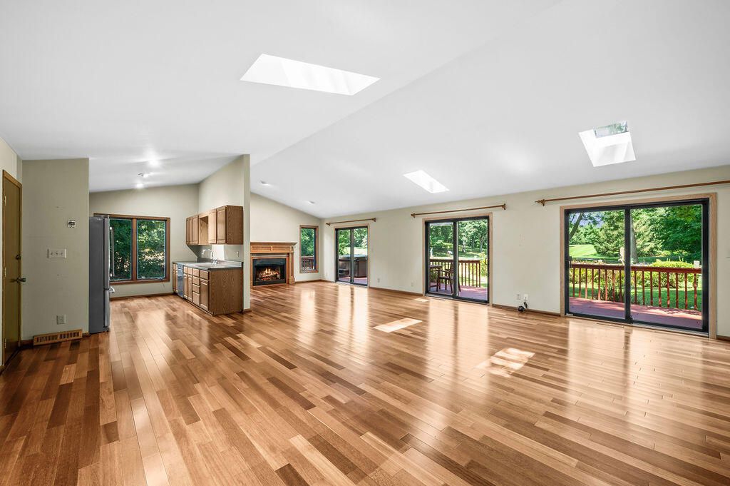 Empty room, Fireplace, Interior, Recessed Lighting, Wood Texture Flooring