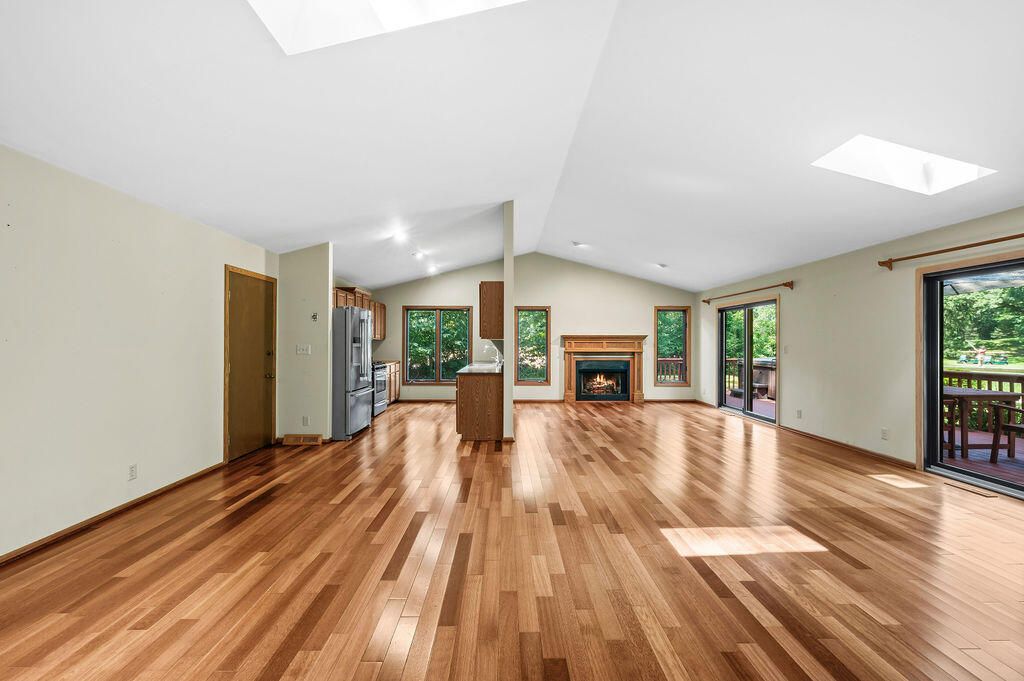Empty room, Fireplace, Interior, Recessed Lighting, Wood Texture Flooring