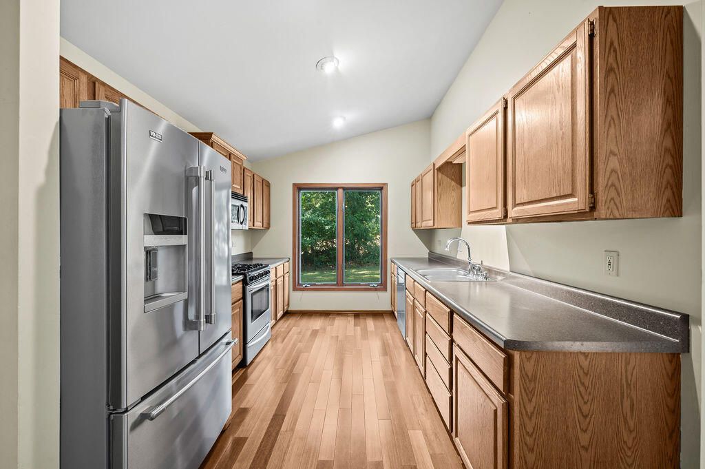 Interior, Kitchen, Recessed Lighting, Stainless Steel Appliances, Wood Texture Flooring