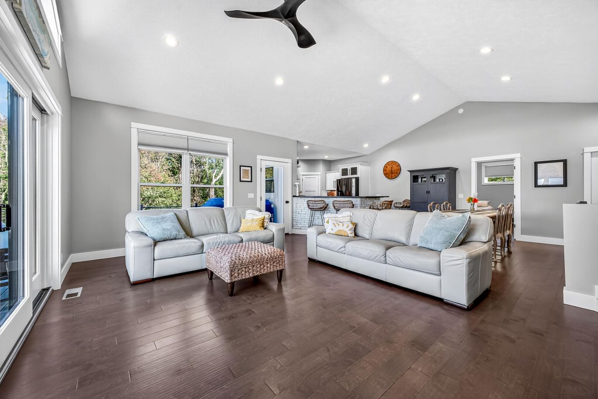 Dining room, Interior, Kitchen, Living room, Recessed Lighting, Wood Texture Flooring