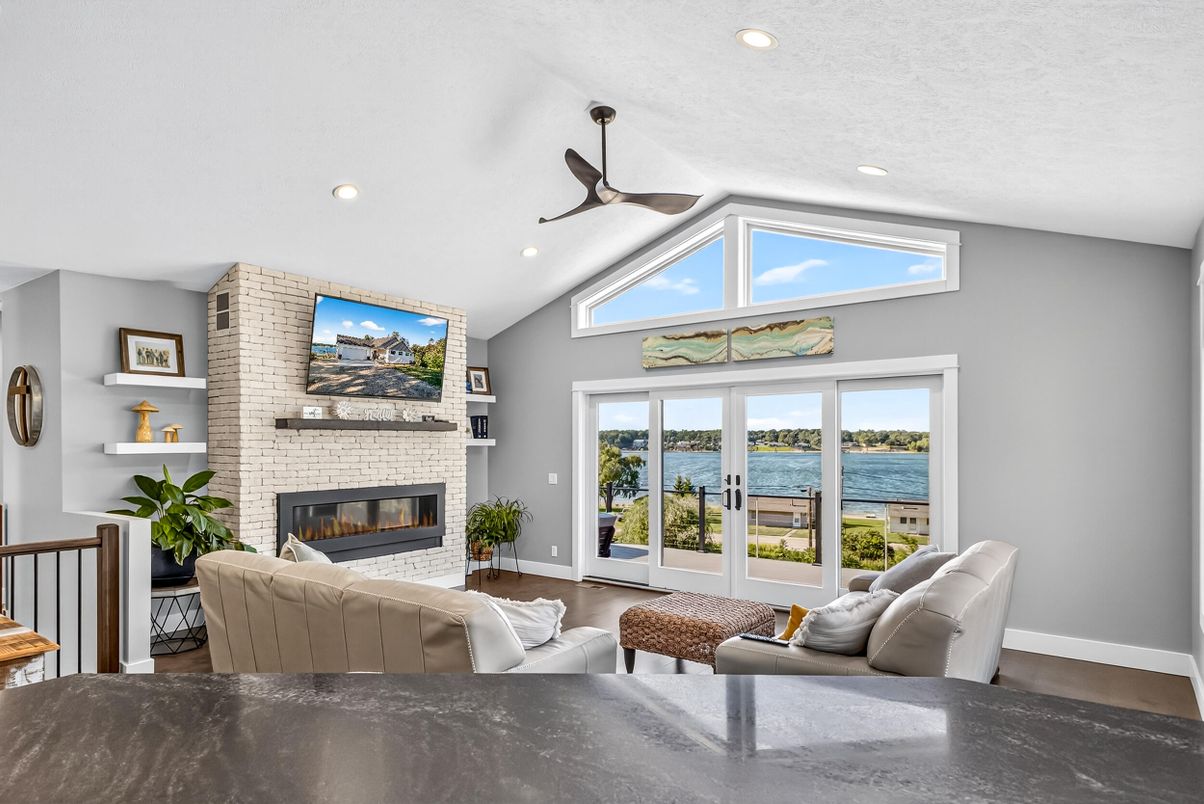 Fireplace, Interior, Living room, Recessed Lighting, Stone Walls, Water