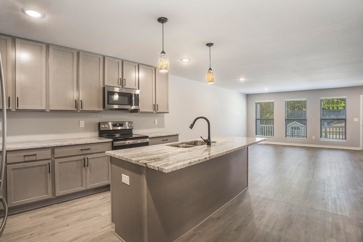Interior, Kitchen, Pendant Lights, Recessed Lighting, Wood Texture Flooring