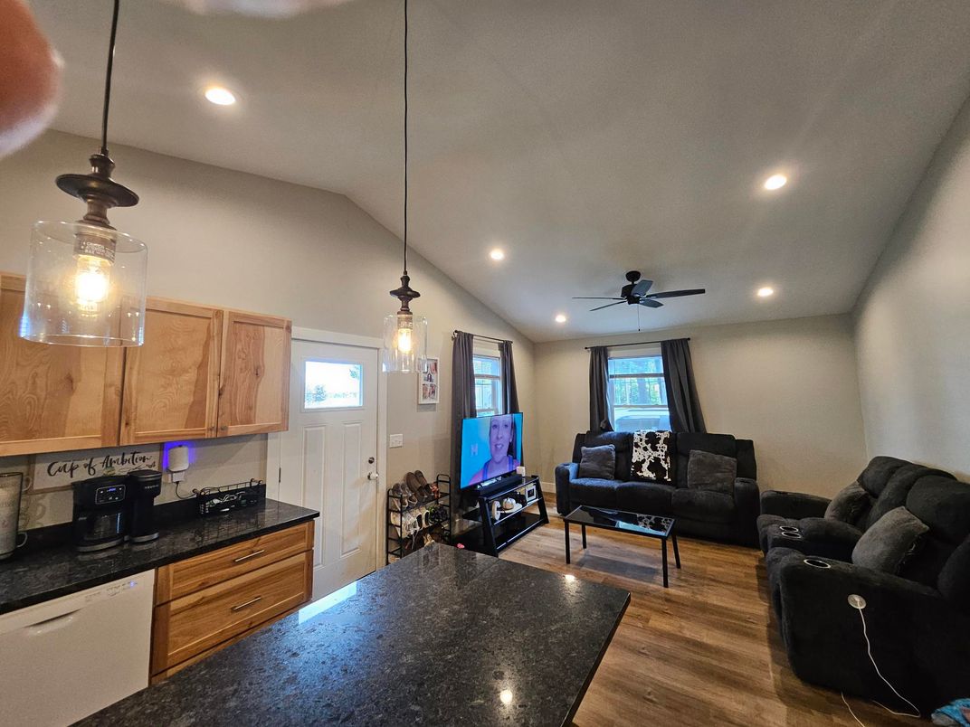 Interior, Kitchen, Living room, Pendant Lights, Recessed Lighting, Wood Texture Flooring
