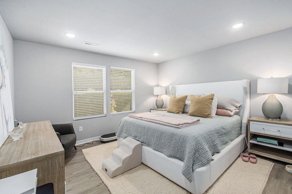 Bedroom, Interior, Recessed Lighting, Wood Texture Flooring