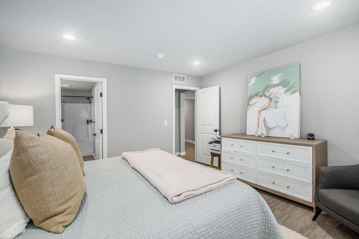 Bedroom, Interior, Recessed Lighting, Wood Texture Flooring