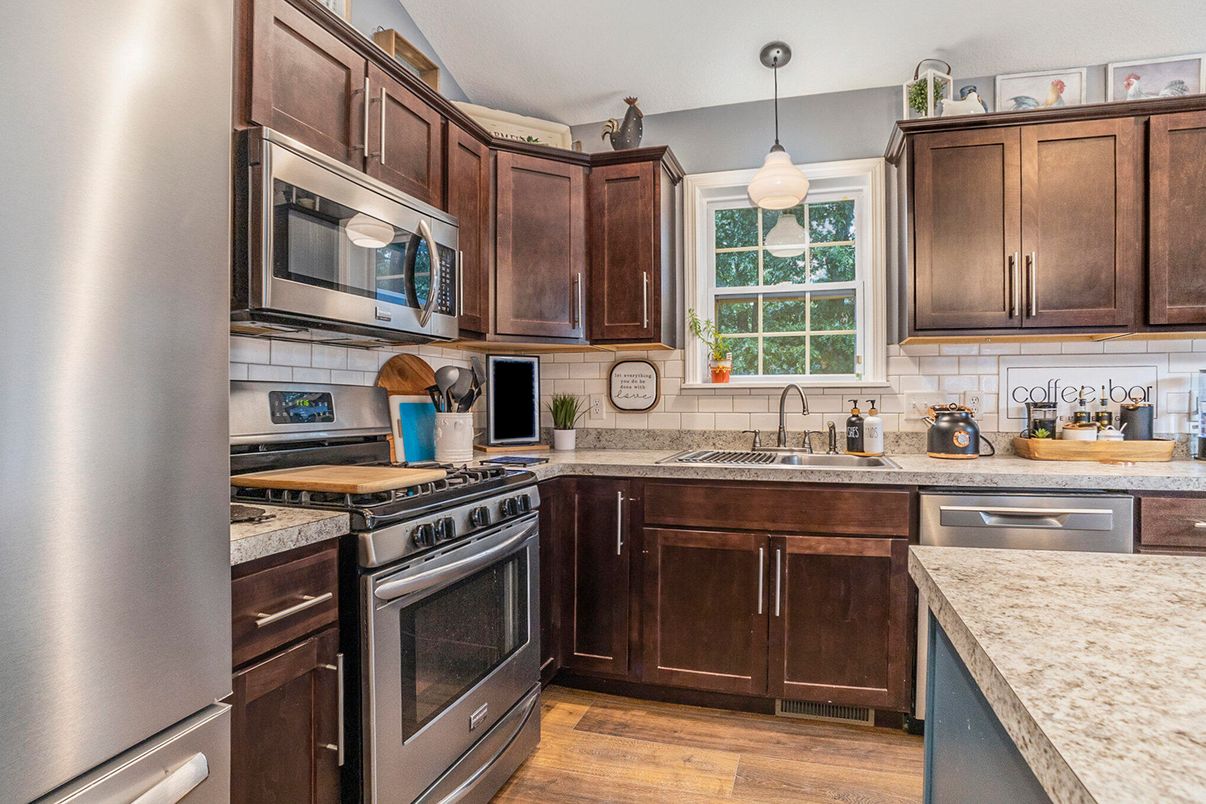 Interior, Kitchen, Pendant Lights, Stainless Steel Appliances, Wood Texture Flooring