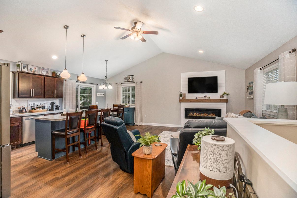 Dining room, Fireplace, Interior, Kitchen, Living room, Pendant Lights, Recessed Lighting, Wood Texture Flooring