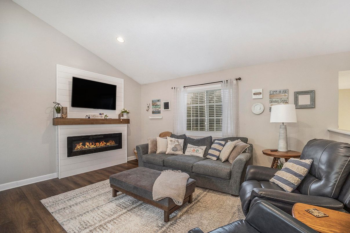 Fireplace, Interior, Living room, Recessed Lighting, Wood Texture Flooring