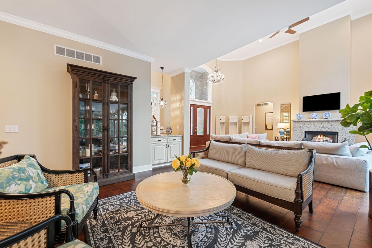 Chandelier, Fireplace, Interior, Living room, Pendant Lights, Wood Texture Flooring