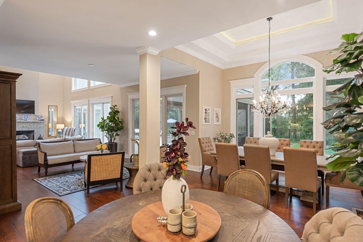 Chandelier, Dining room, Fireplace, Interior, Living room, Recessed Lighting, Wood Texture Flooring