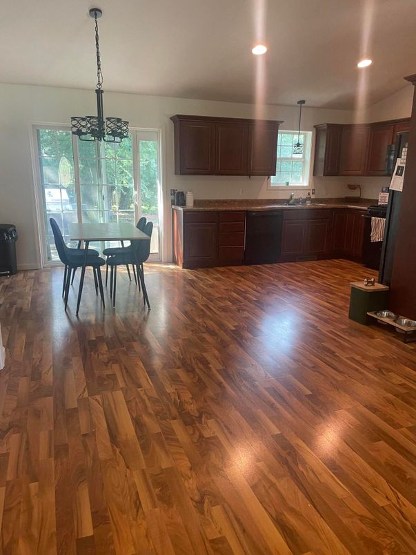 Dining room, Interior, Kitchen, Pendant Lights, Recessed Lighting, Wood Texture Flooring