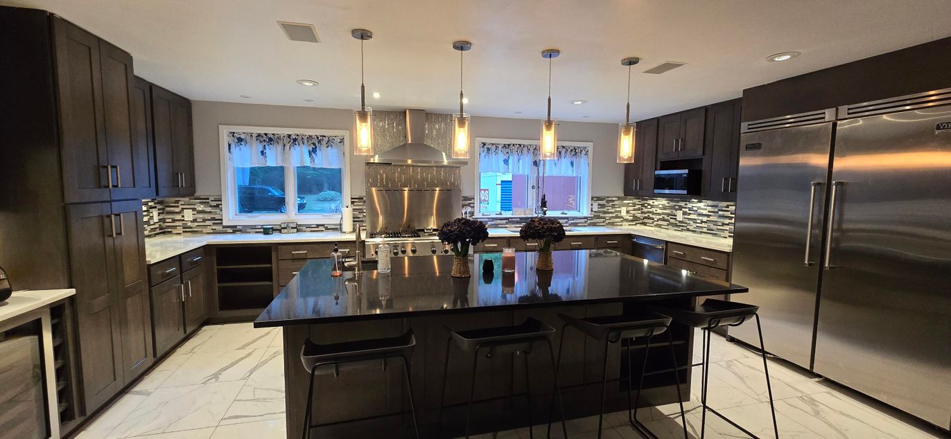 Interior, Kitchen, Marble, Pendant Lights, Recessed Lighting, Stainless Steel Appliances