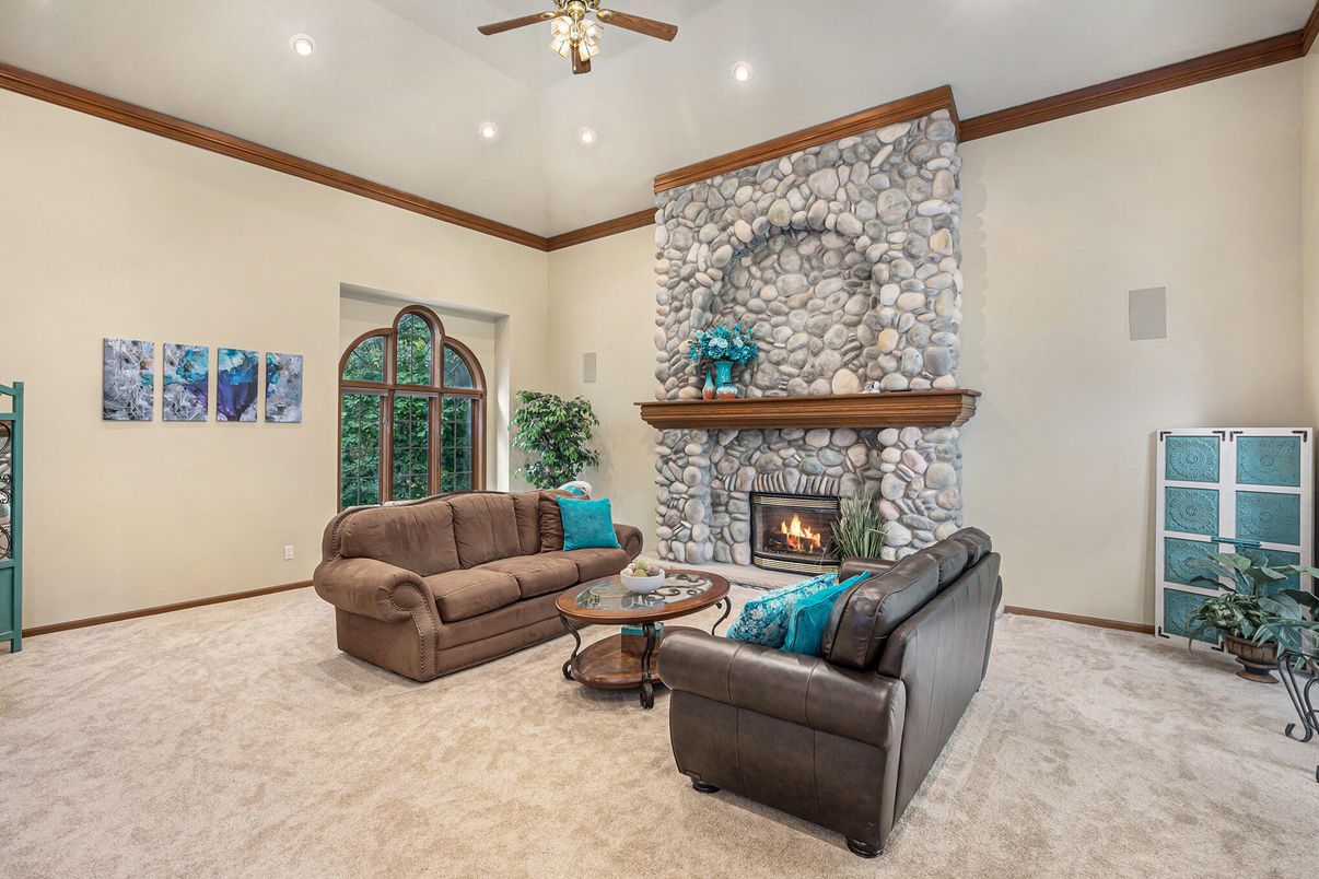 Fireplace, Interior, Living room, Recessed Lighting, Stone Walls