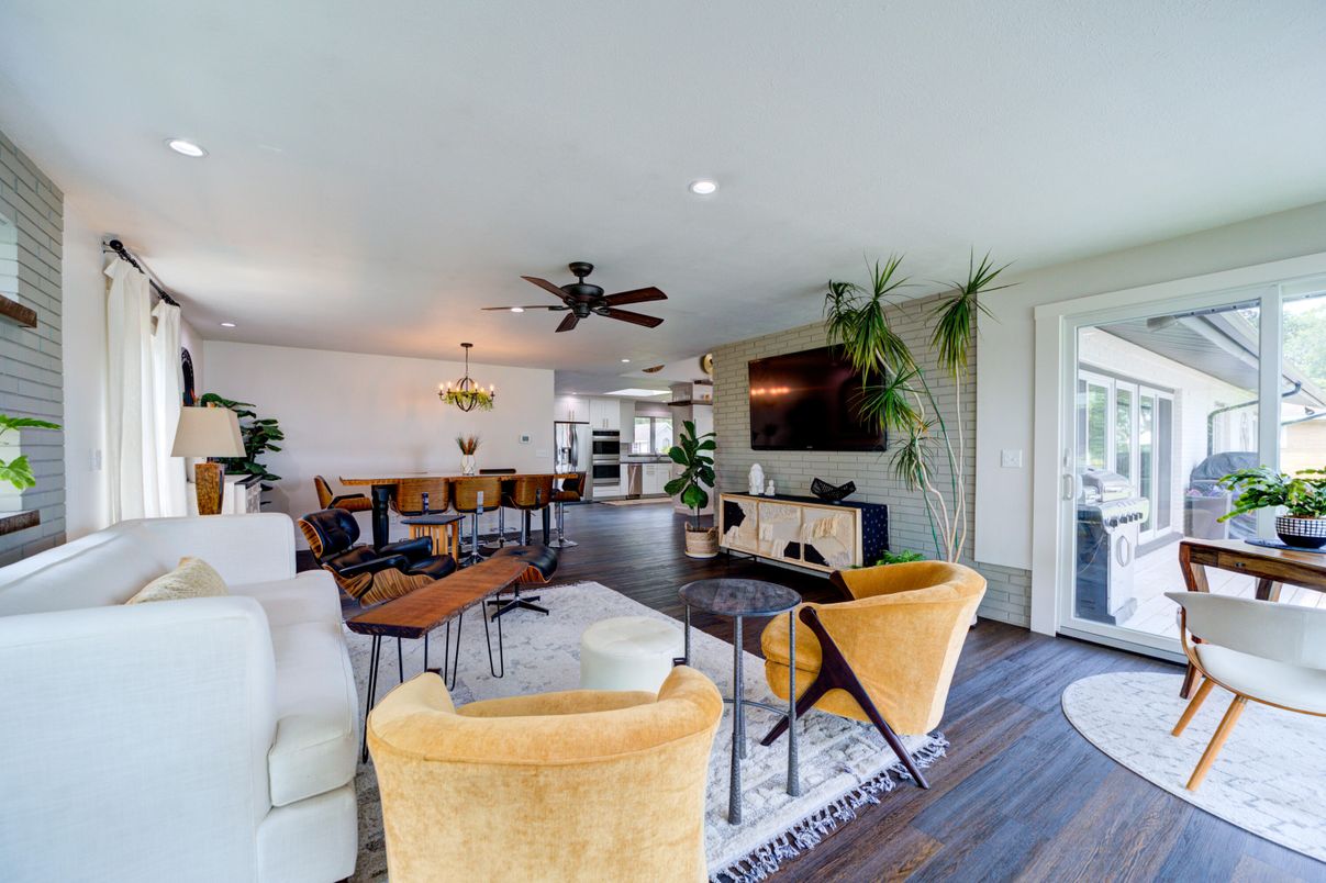 Dining room, Interior, Living room, Recessed Lighting, Stone Walls, Wood Texture Flooring