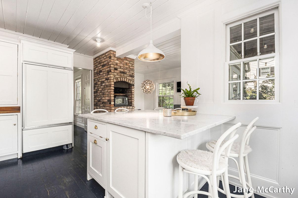 Fireplace, Interior, Kitchen, Pendant Lights, Stone Walls