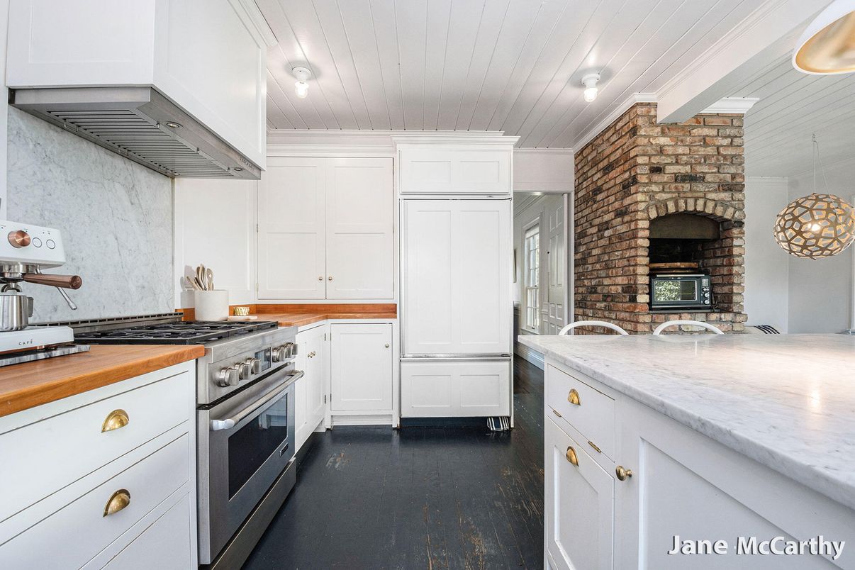Fireplace, Interior, Kitchen, Pendant Lights, Stone Walls