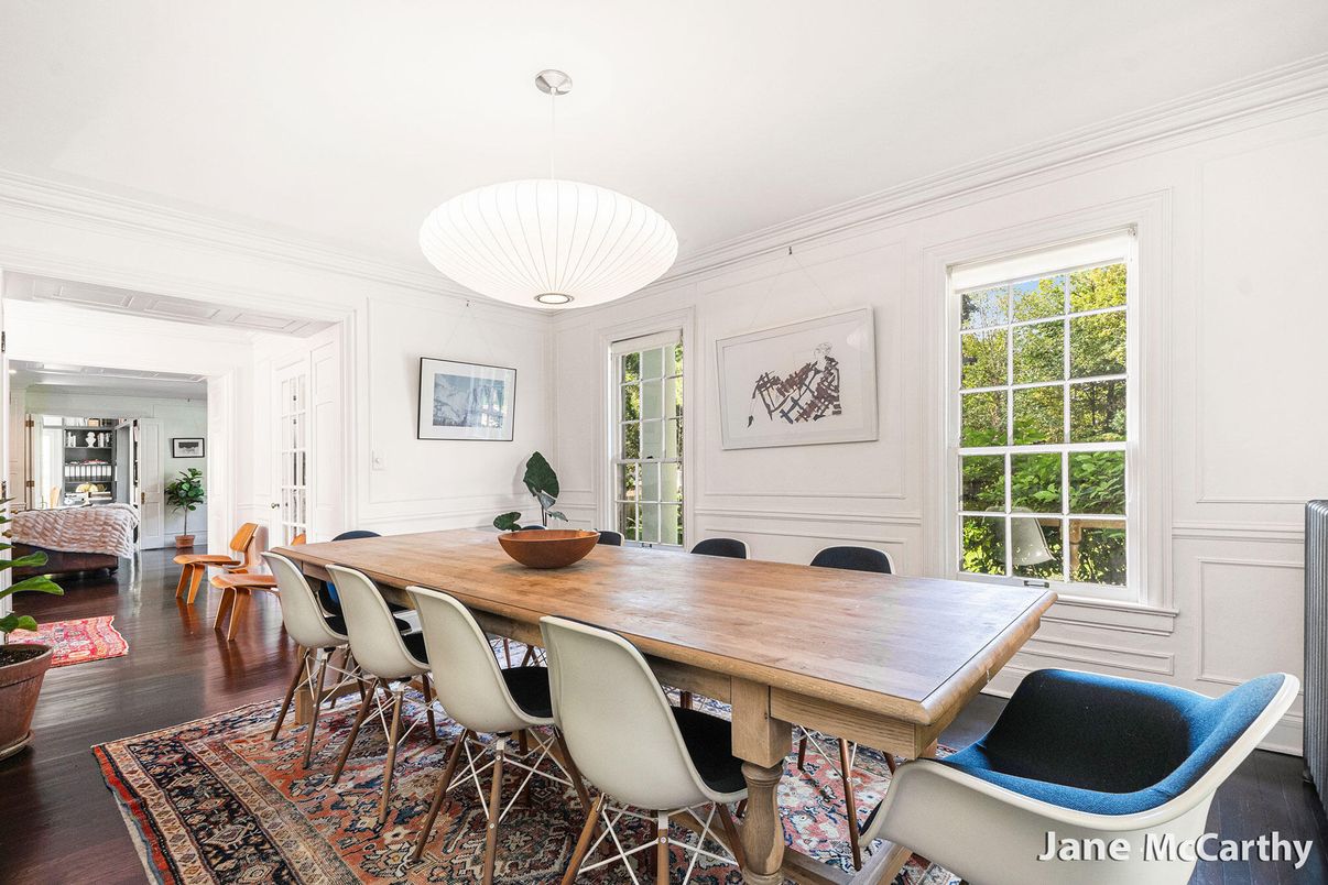Dining room, Interior, Pendant Lights, Wood Texture Flooring