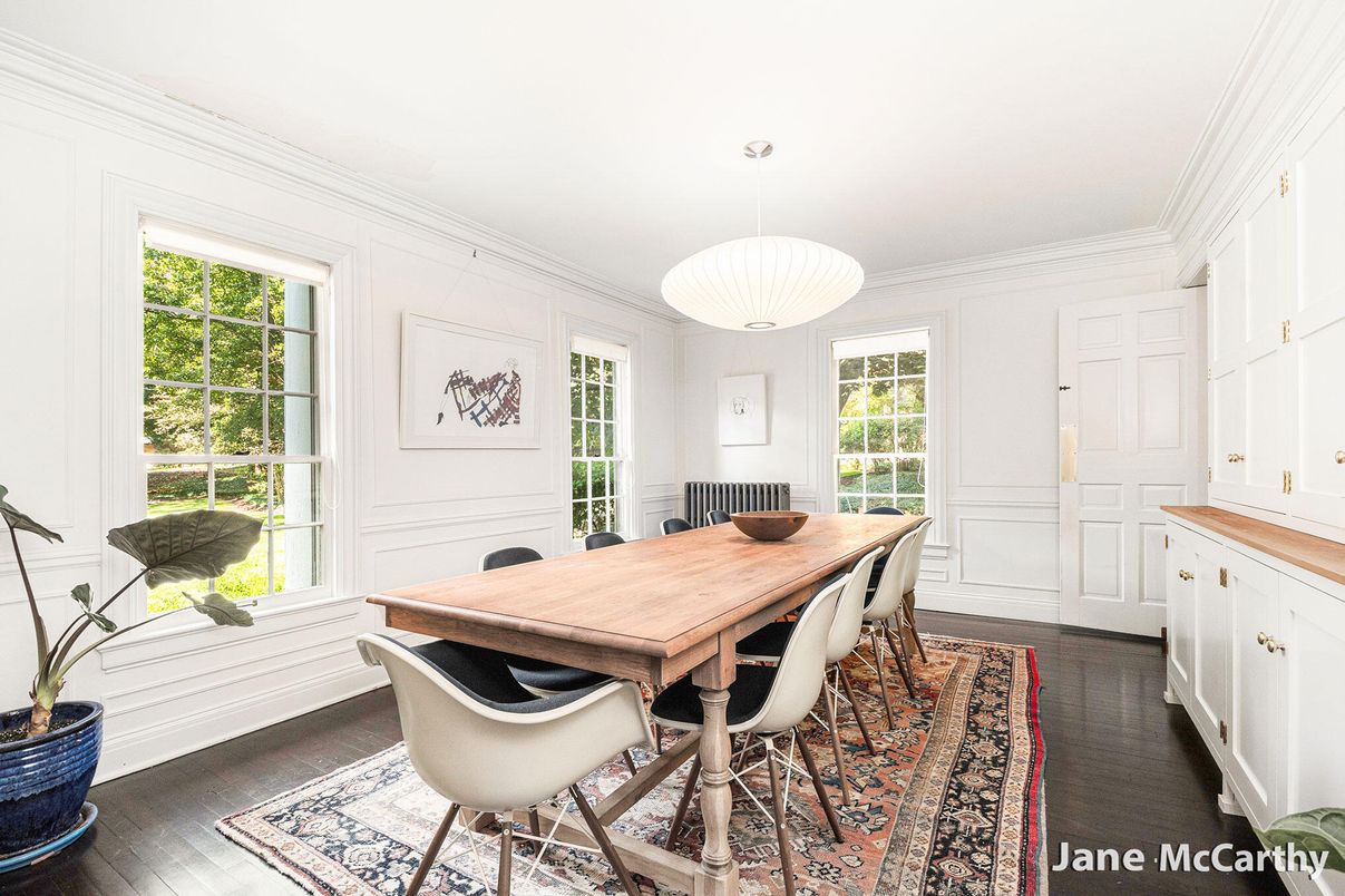 Dining room, Interior, Pendant Lights, Wood Texture Flooring