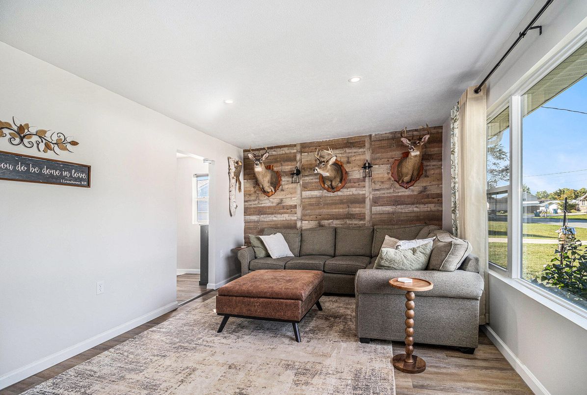 Interior, Living room, Recessed Lighting, Stone Walls, Wood Texture Flooring