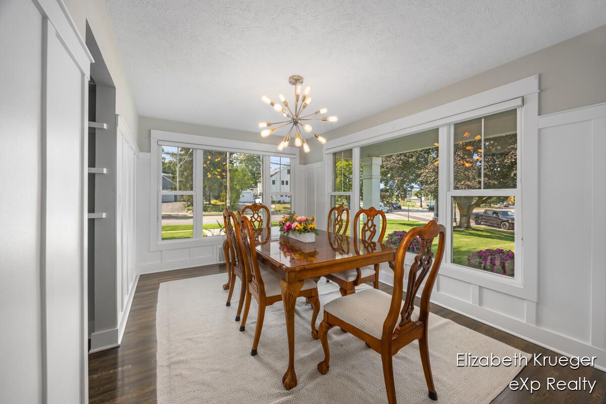 Dining room, Interior, Pendant Lights, Wood Texture Flooring